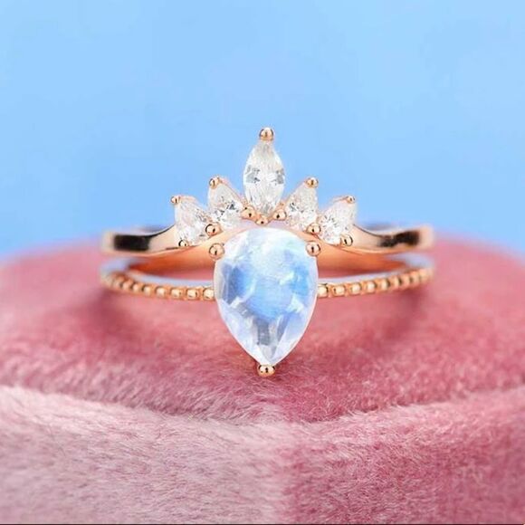 Moonstone Marquise Cut Engagement Ring Set - Picture 1 of 5